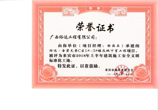 来宾市2018年上半年建筑施工安全文明标准化工地乐动在线平台-乐动（中国）
·金碧天誉C区1#-3#楼及地下室工程项目