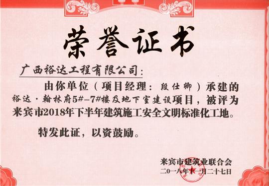 来宾市2018年下半年安全文明标准化工地（乐动在线平台-乐动（中国）
。翰林府5#-7#楼及地下室）