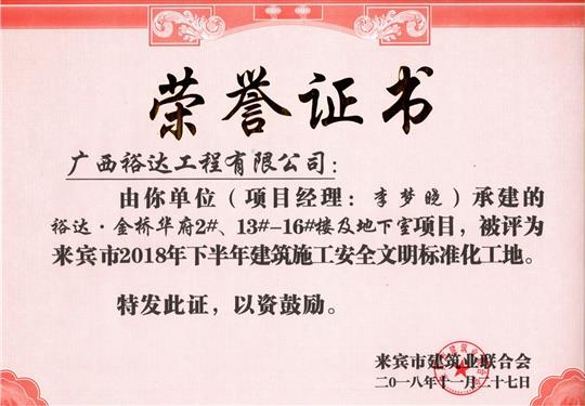 来宾市2018年下半年安全文明标准化工地（乐动在线平台-乐动（中国）
。金桥华府2#、13#-16#楼及地下室）