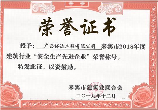 来宾市2018年度建筑行业“安全生产先进乐动在线平台-乐动（中国）”